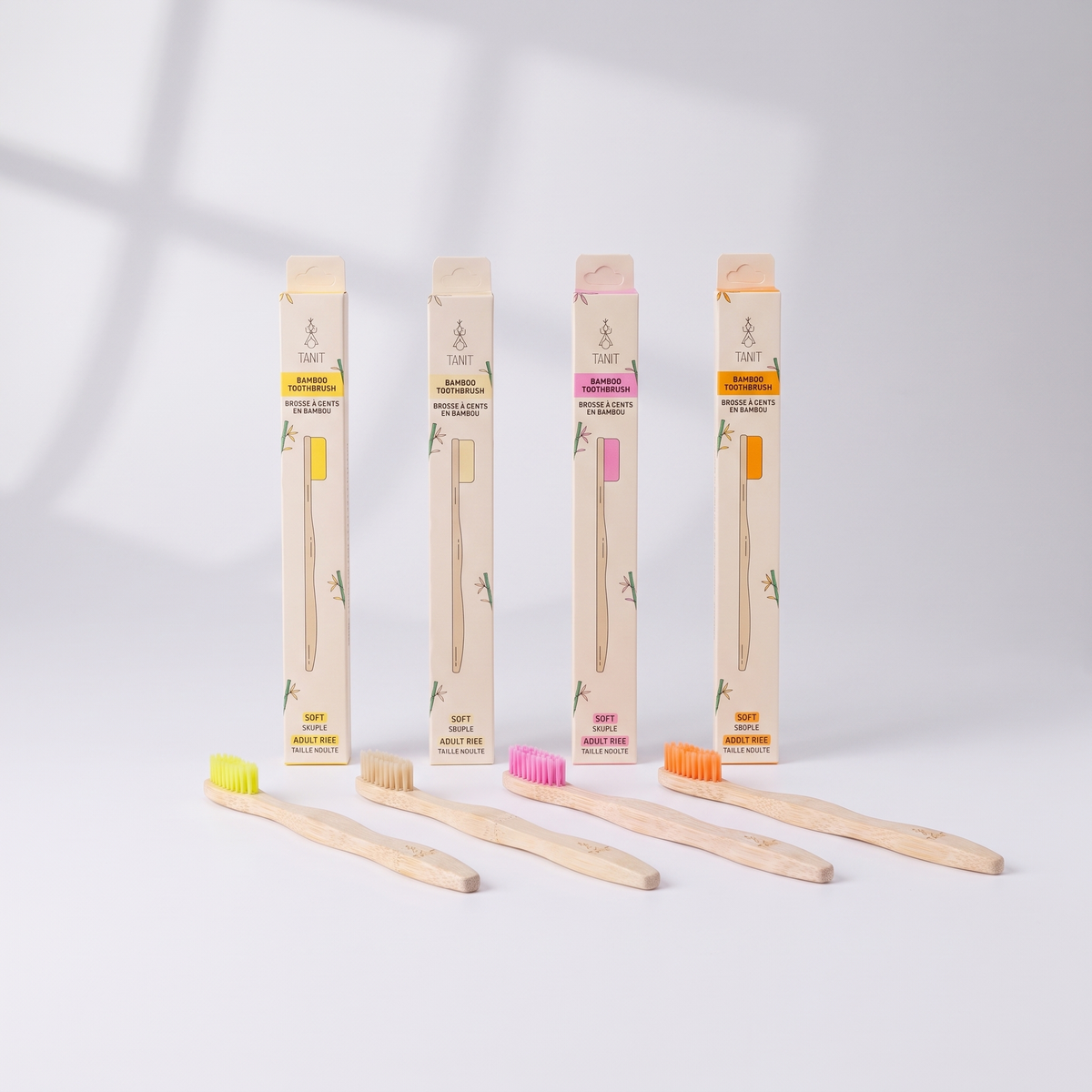 Caisse de 12 brosses à dents adultes souples en bambou 4 couleurs