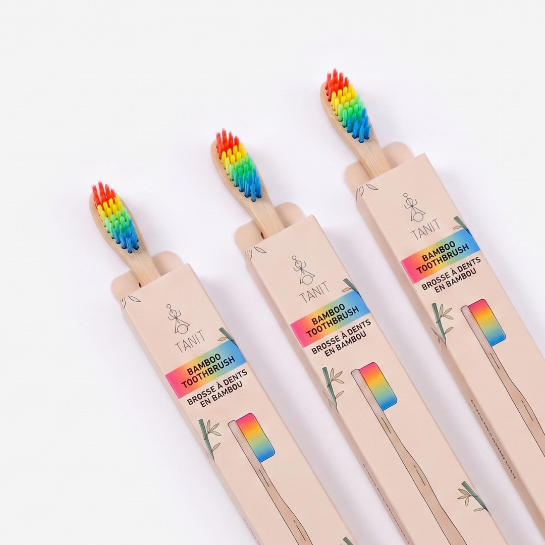 Caisse de 12 brosses à dents enfants souples en bambou arc-en-ciel